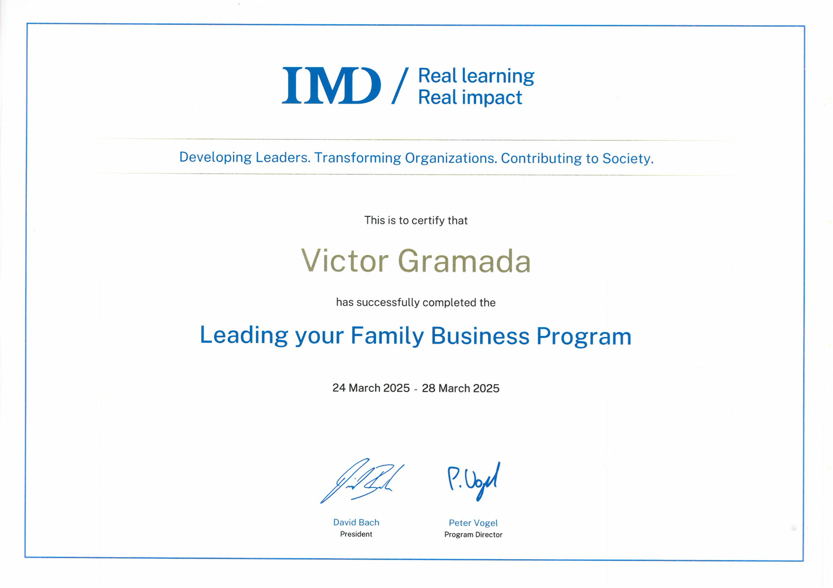 Leading your Family Business Program Certificate from IMD
